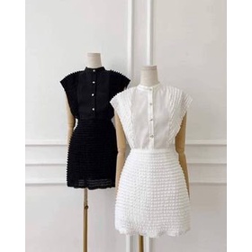 Sét váy thời trang nữ mặc đi tiệc chất len ren phối voan cao cấp y mẫu áo tiểu thư có nút mix chân váy chữ A ngắn màu tr