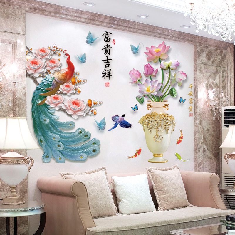 Decal dán tường Combo 2 tranh bình hoa sen và chim công