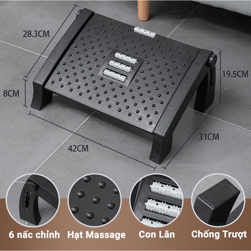 Ghế Gác Chân Văn Phòng Công Thái Học Ergonomic Footrest KUNBE Điều Chỉnh 6 Mức Chiều Cao Massage Chân Bản Cao Cấp