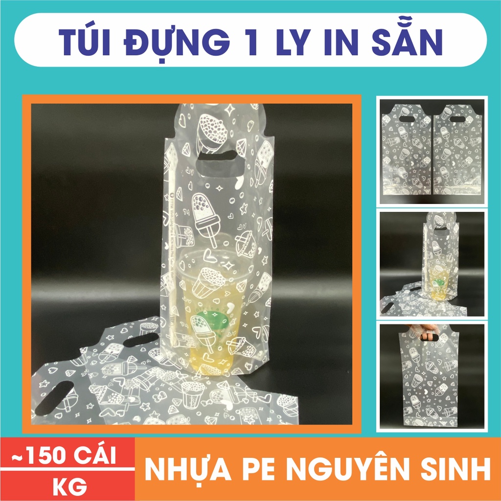 1Kg Túi đựng 1 ly, túi đơn đựng trà sữa, bịch đựng cốc cafe mang đi, bọc đựng cốc cao cấp in sẵn họa tiết