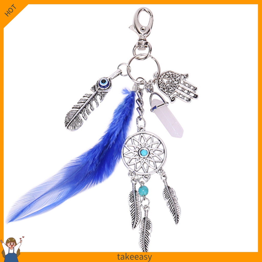 Móc Khóa Hình Dream Catcher Phối Lông Vũ Và Đá Opal Cổ Điển
