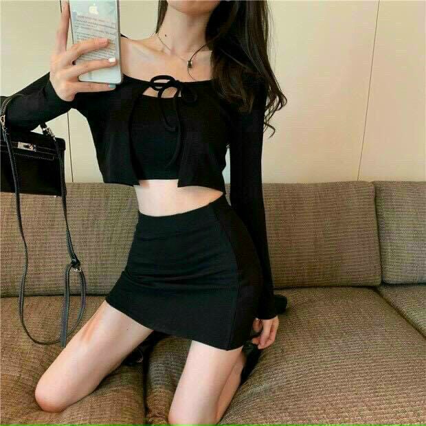 [11.11 Sale Freeship] Set bộ ba món,set thun gân áo khoác ngoài dài tay cột dây nơ kèm áo nót trong mix chân váy chữ A