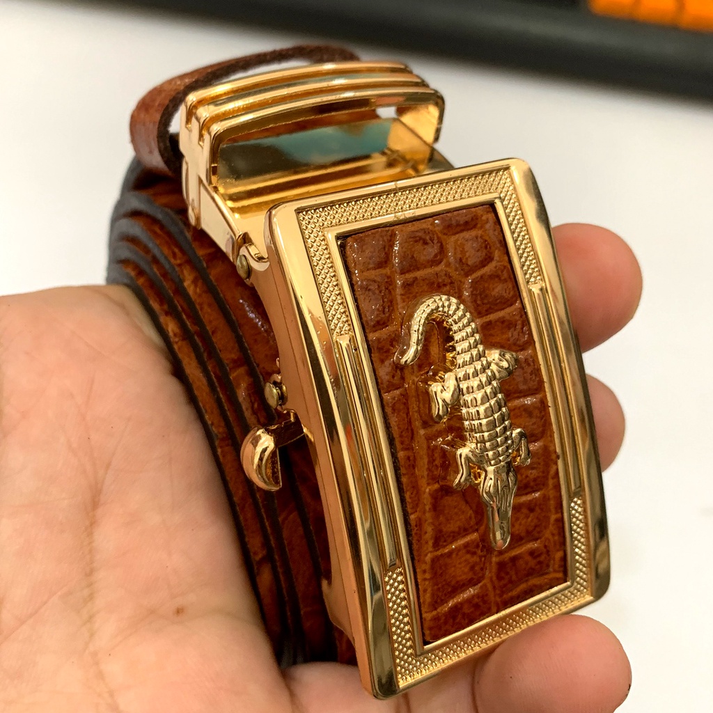 Thắt Lưng Nam Da Bò Nguyên Miếng 1 Lớp Màu Nâu Nhạt Dập Vân Cá Sấu Mặt Khóa Tự Động Gold
