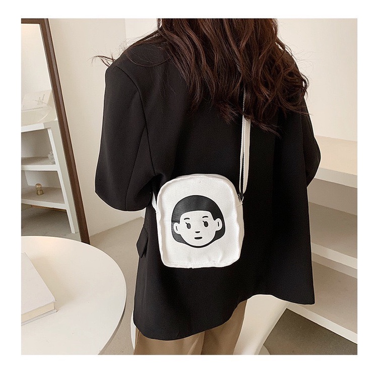 Túi vải tote canvas đeo chéo hình mặt người ngộ nghĩnh đáng yêu phong cách Harajuku Nhật Bản