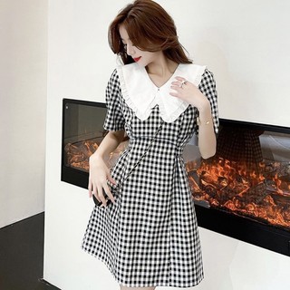 Đầm caro đen cổ trắng thắt nơ (kèm hình thật)