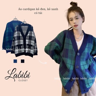 Áo khoác cardigan len nữ sọc caro kẻ đen, kẻ xanh, labibi