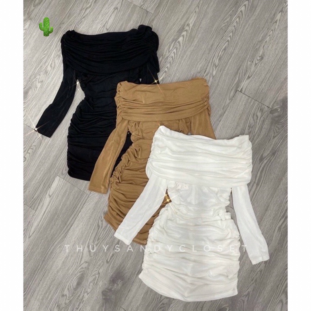 Đầm bẹt vai nhúm sườn ôm body tay dài cực sexy , chất thun gân mềm mịn