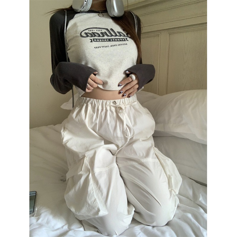 Áo Thun Tay Dài Dáng Ôm In Chữ Phối Màu Tương Phản Thời Trang Mùa Thu Mới Cho Nữ