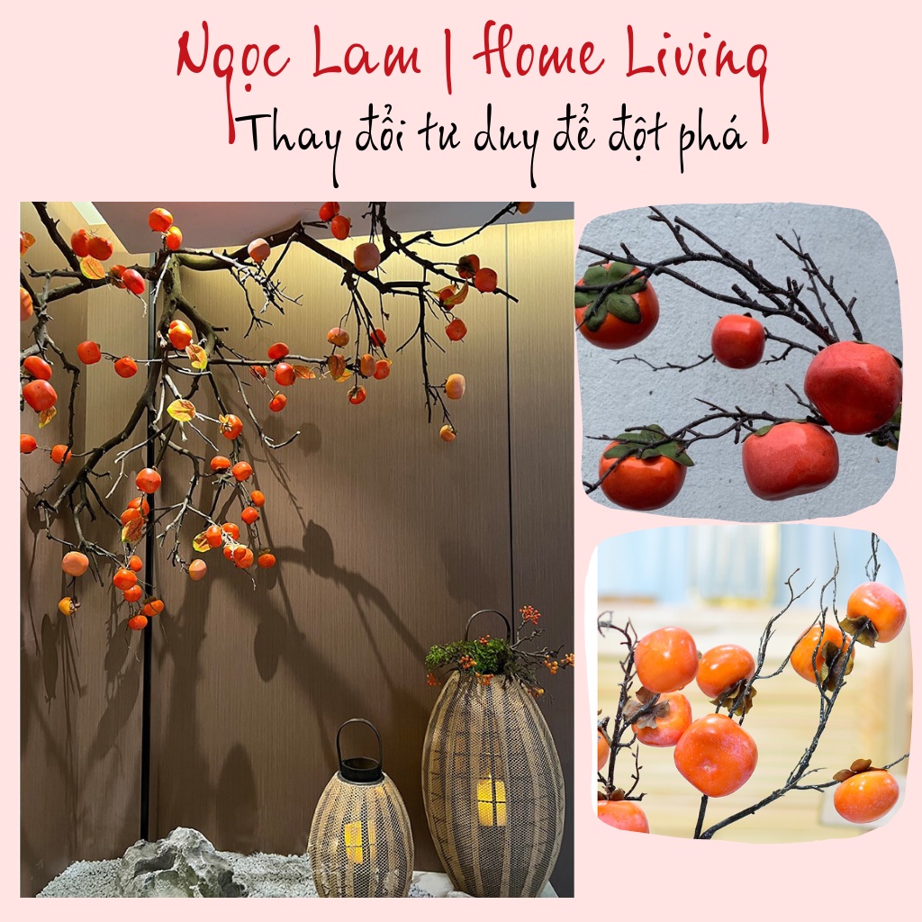 Cành quả hồng giả chất liệu cao cấp 6 quả màu sắc tự nhiên trang trí phòng ngủ phòng khách quán cafe nhà hàng