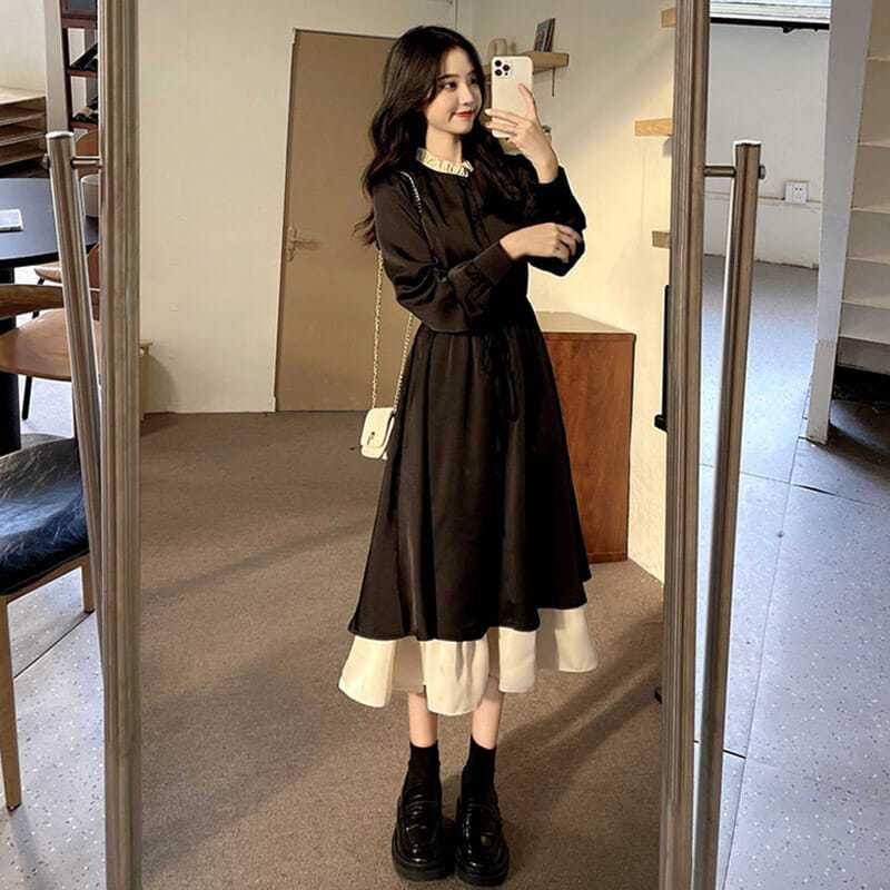 Váy mùa đông cho nữ váy dài Váy babydoll Đầm Nữ Giả Hai Mảnh Eo Hẹp Phong Cách Preppy Thời Trang Mùa Thu Kiểu Mới