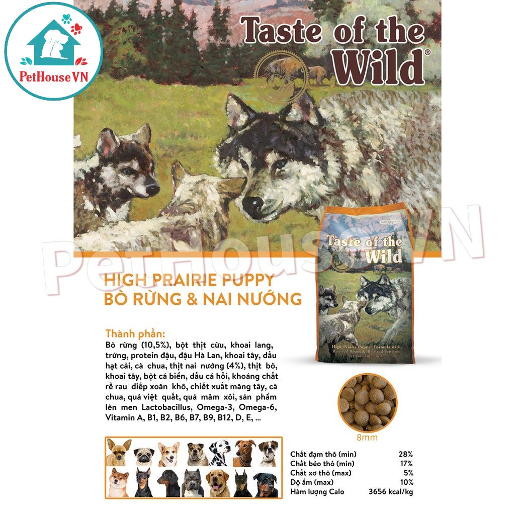 TASTE OF THE WILD HIGH PRAIRIE PUPPY - Túi 500G Thức Ăn Hạt Cho Chó Con Vị Bò Rừng Nướng & Nai Nướng Hàng Chính Hãng
