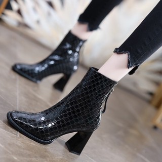 Giày Bốt gót trụ da bóng cao 7cm da mềm kèm ảnh thật