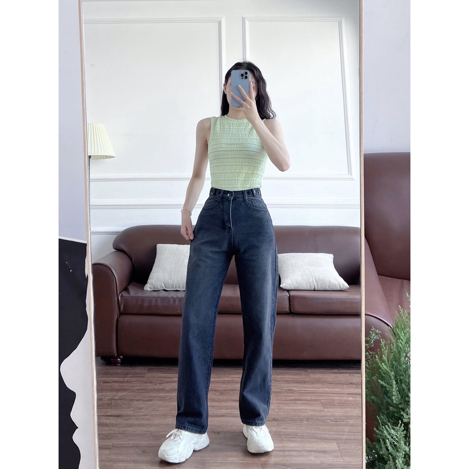 Quần Jeans ống rộng lưng cao Ulzzang hàng cao cấp, Quần Simple Jeans ống rộng cạp cao rách gối