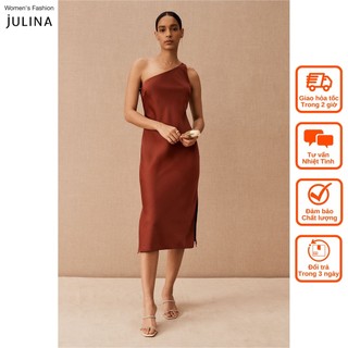 Đầm midi lệch vai xẻ tà satin màu đỏ cam sang trọng dự tiệc Julina - jf663