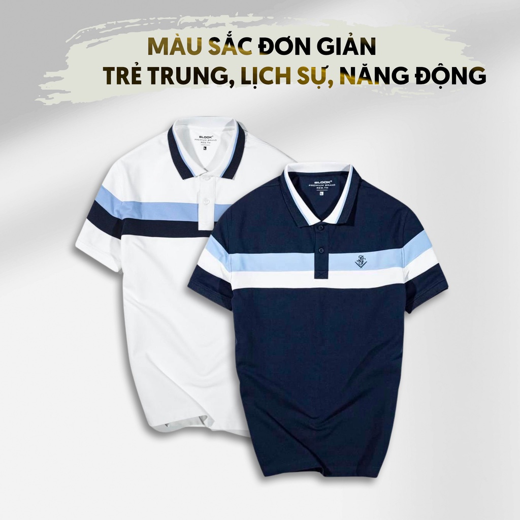 Áo polo nam BLOOK cổ bẻ vải thun cá sấu cotton phối sọc phá cách thêu BS, xuất xịn, trẻ trung, thanh lịch mã 35521