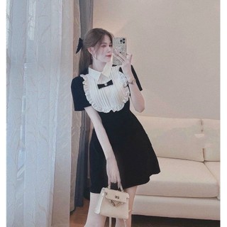 Váy nhung Cổ Sơmi phối Bèo Trắng Nơ Dáng Ngắn chữ A điệu đà