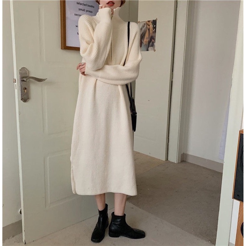 Váy Len Nữ Màu Nâu Be Đen Chất Len Mịn Cổ Kéo Khoá Form Suông Dài Basic Dài Tay Style Hàn Quốc Nhẹ Nhàng