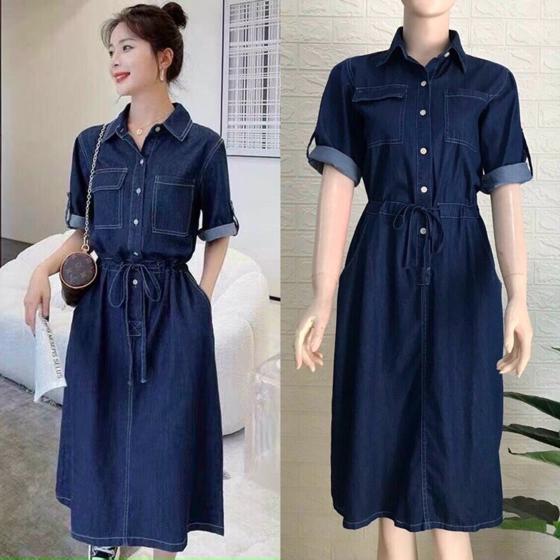 Đầm jean denim sơmi eo rút dây M.L.XL