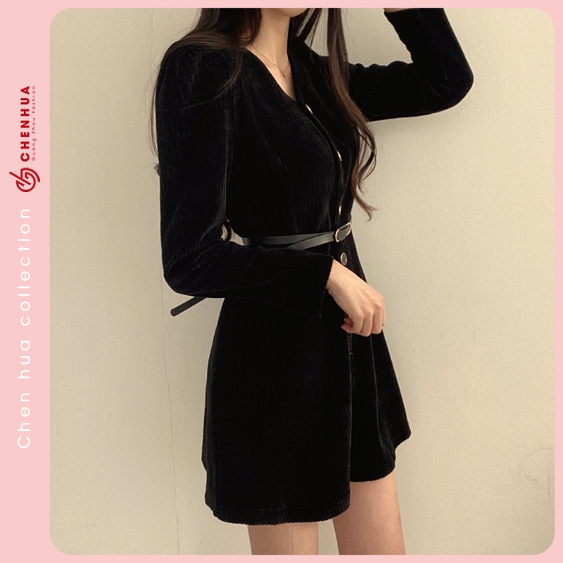 Váy nhung tăm dài tay ChenHua đầm len QC đẹp VT29