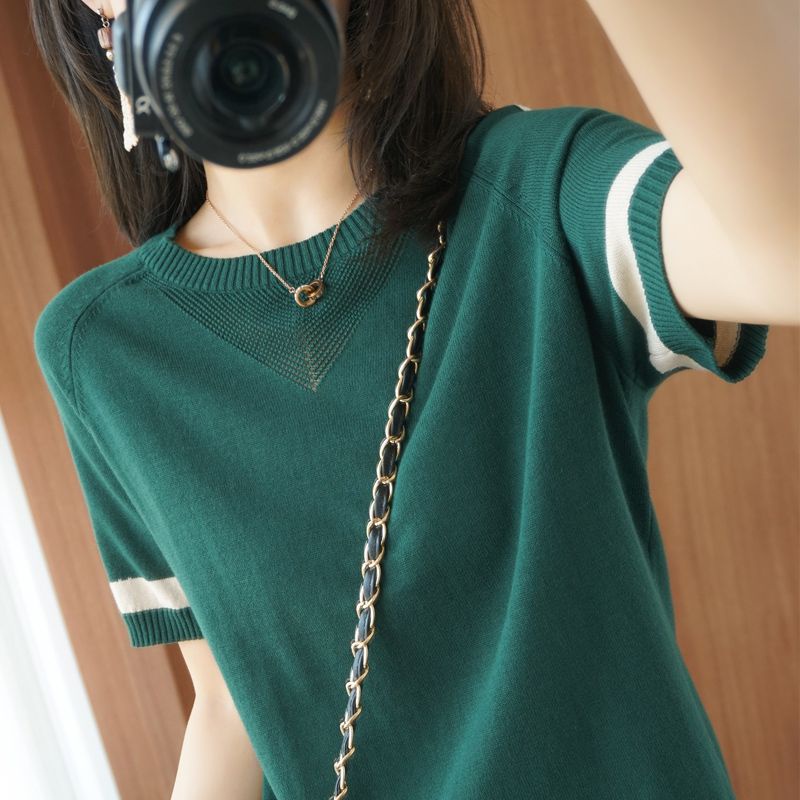 Áo Dệt Kim Tay Ngắn Cổ Tròn Dáng Rộng Vải Lụa Mát Thời Trang Mùa Hè Phong Cách Hàn Quốc Cho