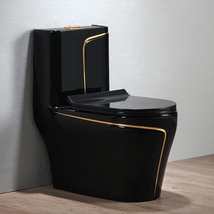 Bồn cầu liền khối màu đen viền vàng sang trọng cao cấp nắp êm phủ men nano siêu bền chống bám bẩn Life Home
