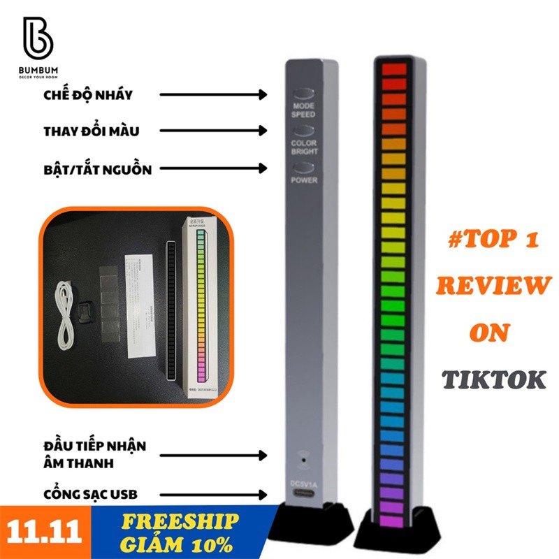 Thanh Đèn LED RGB Ánh Sáng Màu Nhấp Nháy Theo Nhạc Điều Khiển Bằng Giọng Nói 32 Bit（không có pin）