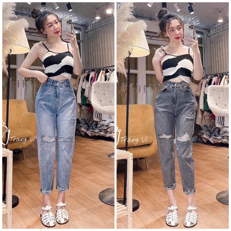 (Chuyên sỉ ) Quần baggy jean nữ cạp cao - Quần bò rách kiểu đẹp màu xanh - xám - TQ Jean
