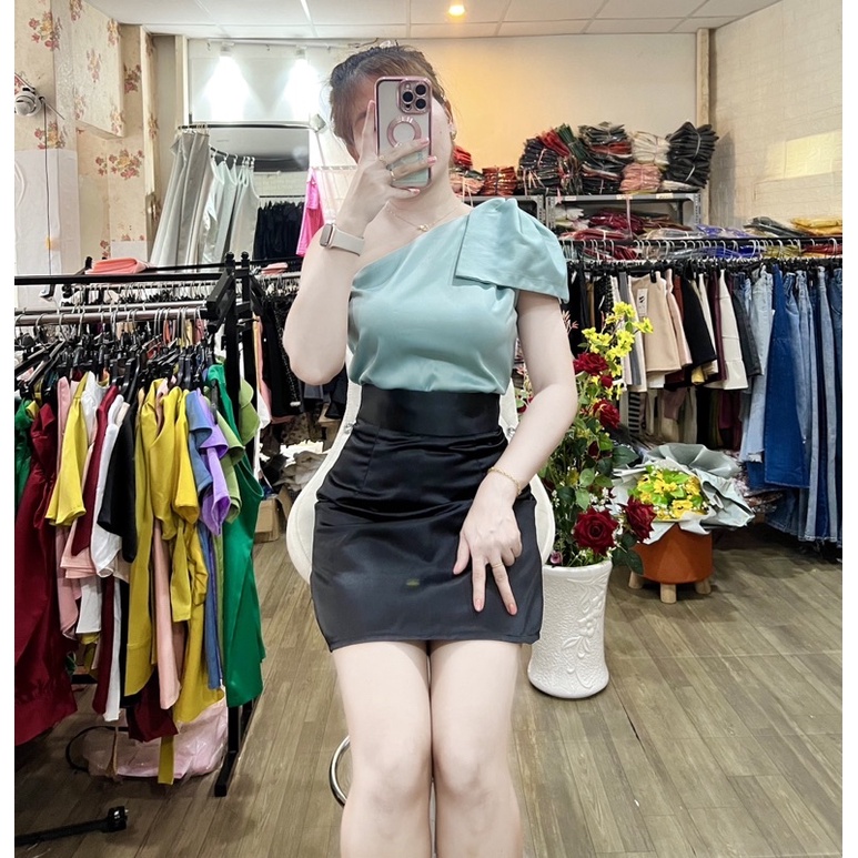 HÌNH THẬT ÁO LỤA LỆCH VAI NƠ NHIỀU SIZE