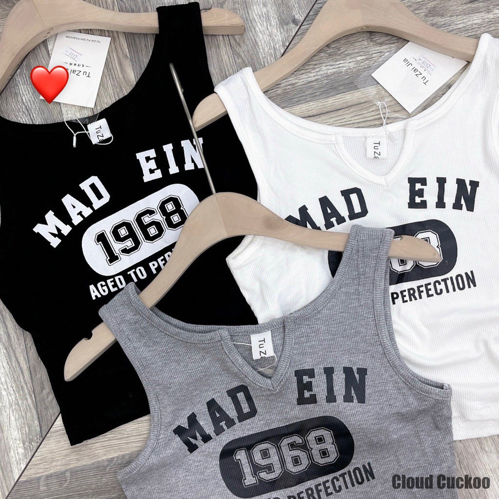 Áo 3 lỗ croptop V cổ in chữ MAD 1968 ôm body cực xinh , chất thun gân co giãn