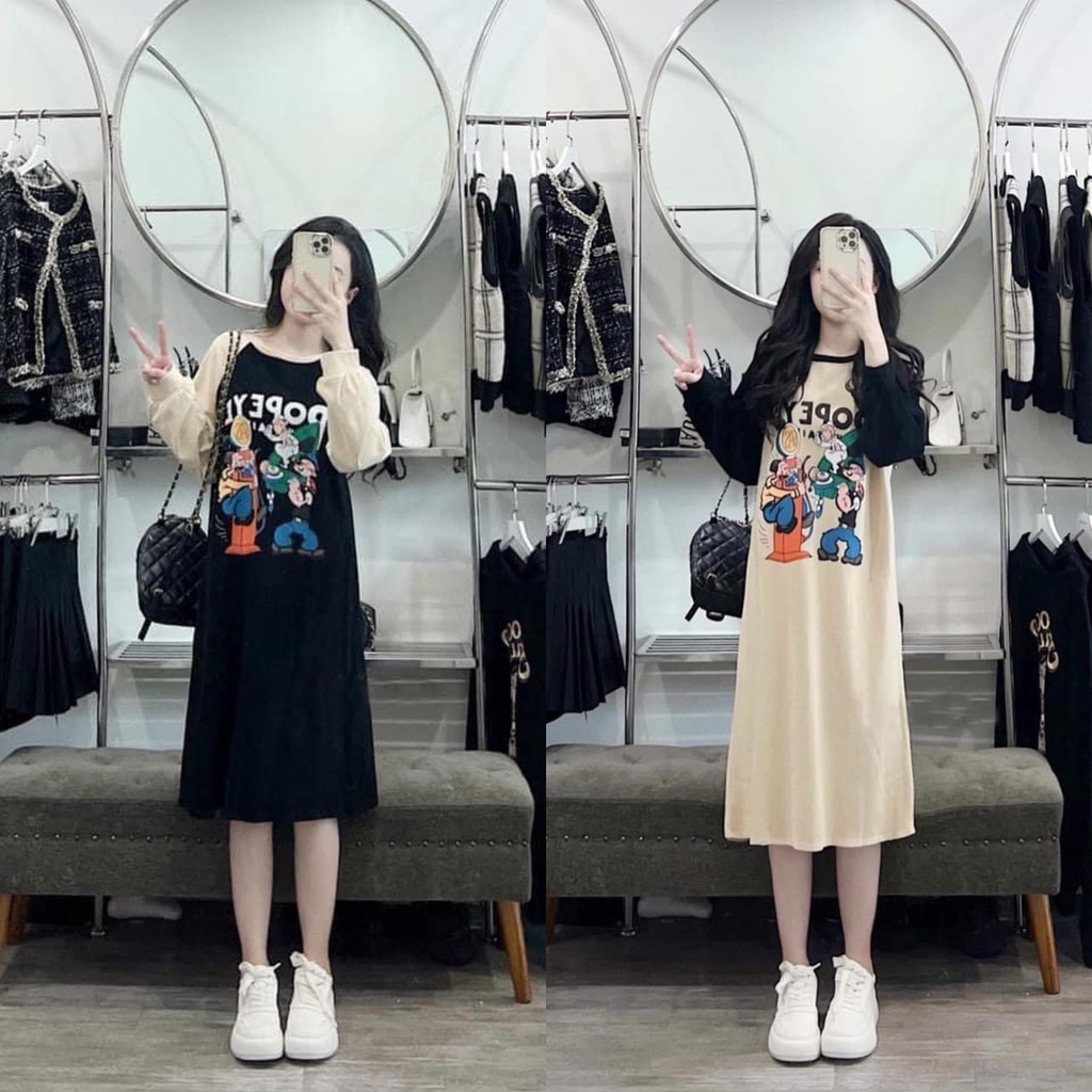 Đầm suông, váy thu đông dáng dài tay pha chất cotton in hình thuỷ thủ form rộng thời trang