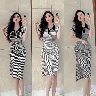 Đầm Body Thun Cổ Polo Cộc Tay  Xẻ Tà Trẻ Chung, Sang Chảnh Thời Trang Nữ Dạo Phố, Dự Tiệc