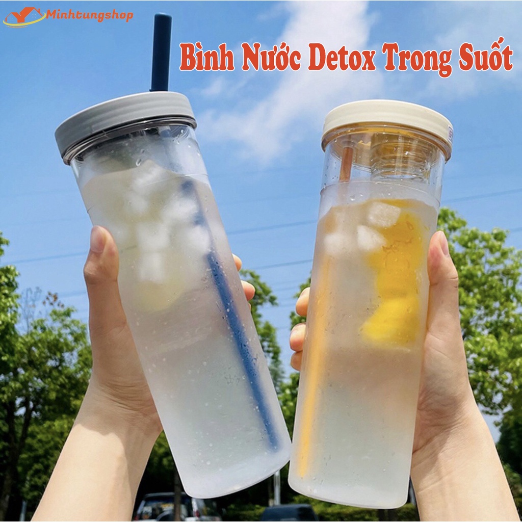 Bình Nước Detox Trong Suốt Dung Tích 700ml Có Ống Hút Tiện Dụng