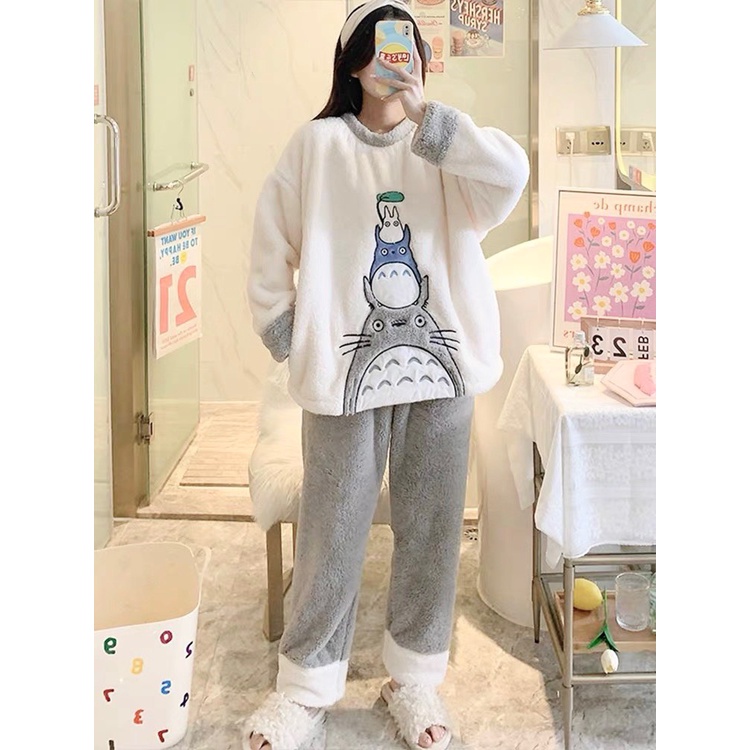 Bộ Lông Cừu Unisex Nam Nữ Totoro Màu Xám Dáng Rộng Mặc Nhà Mùa Đông Ấm Uzzlang