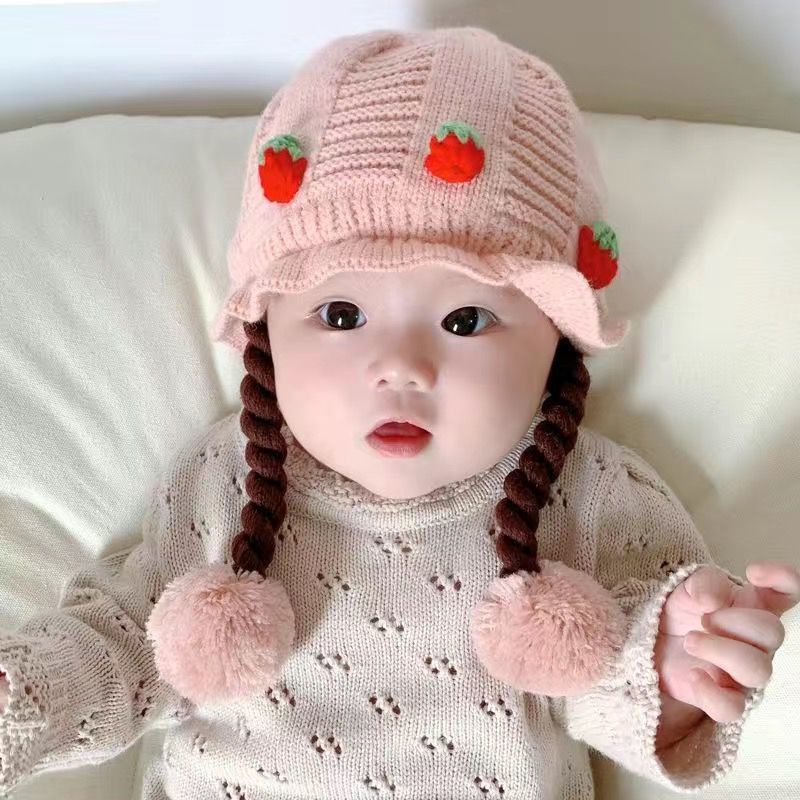 Mũ Len Trùm Đầu Kèm Tóc Giả Dày Dặn Giữ Ấm Tai Cho Bé