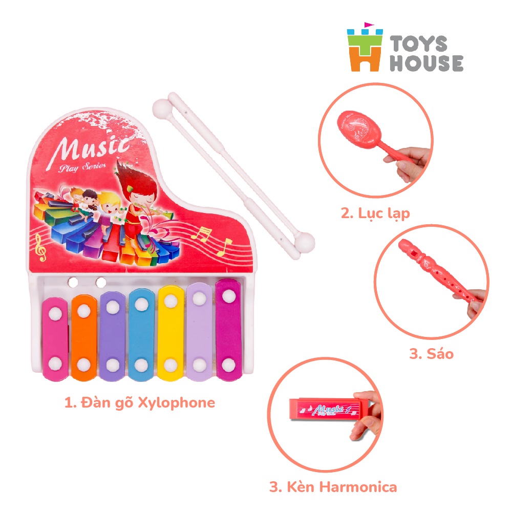 Đồ chơi đàn gõ Xylophone kèm sáo, lục lạc, kèn harmonica cho bé ToyHouse 682-9