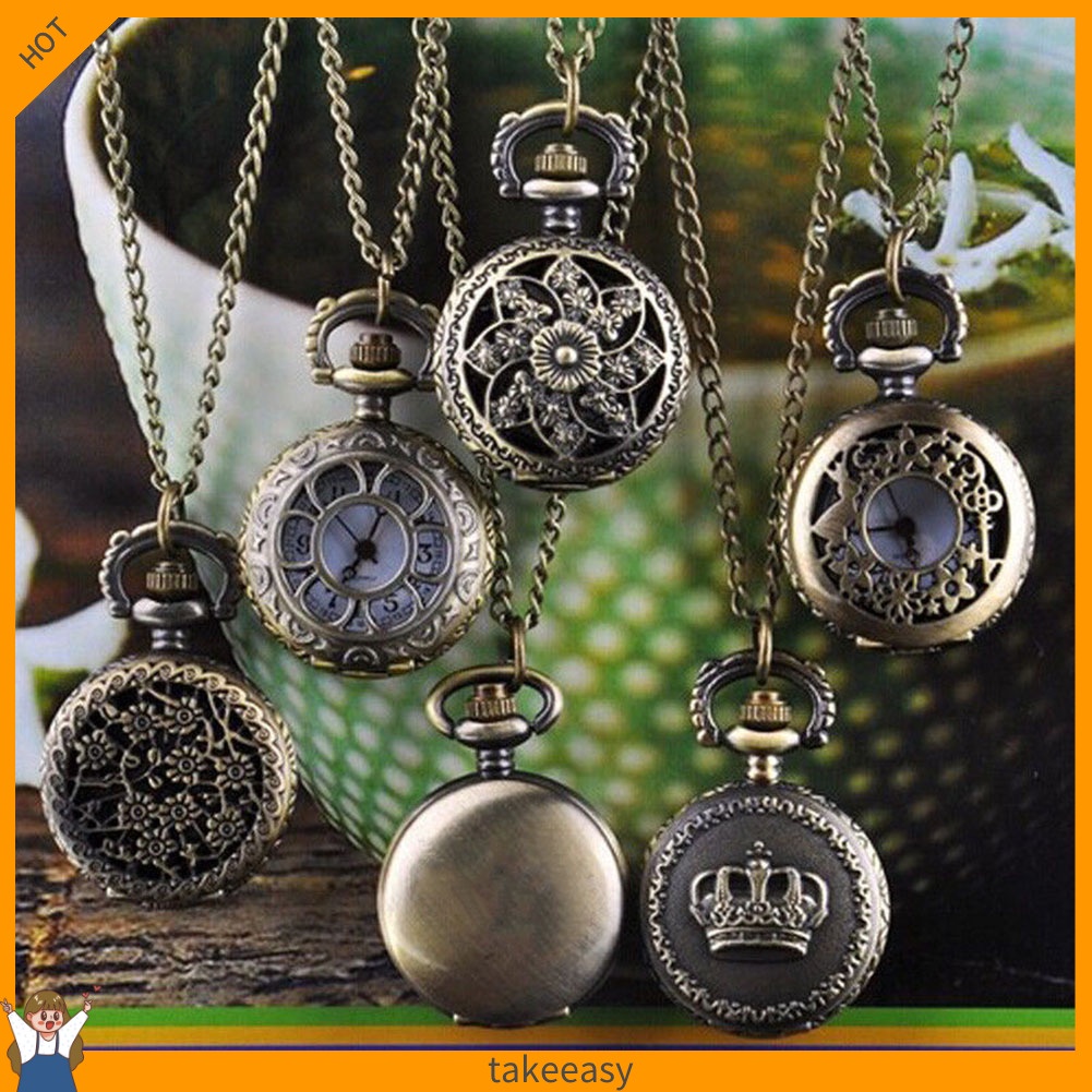 Đồng hồ bỏ túi chạm khắc hình vương miện bằng đồng phong cách vintage có dây đeo