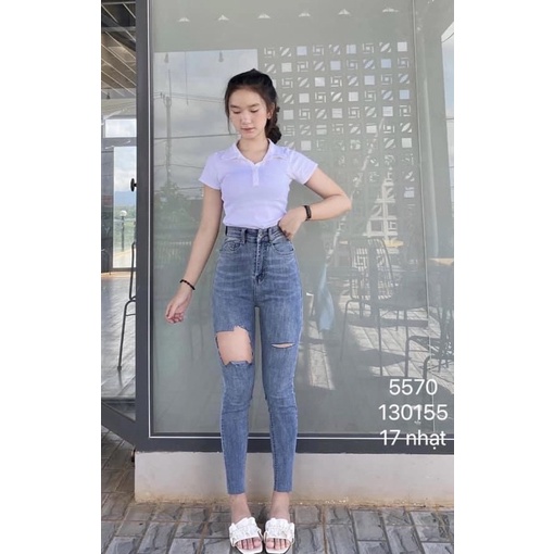 Set Jeans dài co giãn rách ô + crop petter trơn❄️