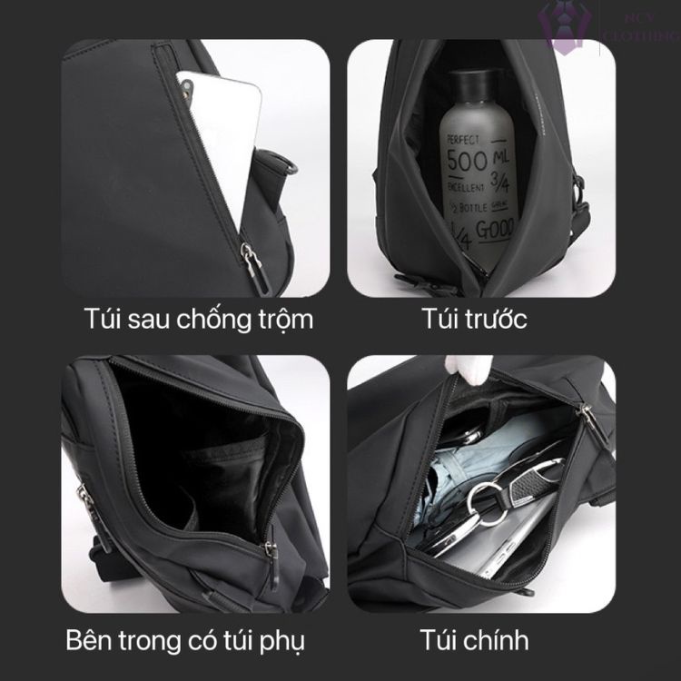 Túi đeo chéo nam cao cấp chống trộm chống thấm nước màu đen xanh xám thời trang, túi chéo ngực đa năng nhiều ngăn NCV25