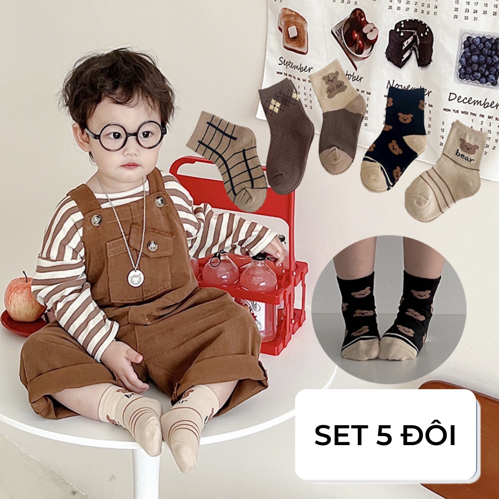 Sét 5 đôi tất cao cổ chất liệu cotton cho bé trai bé gái từ 0 - 8 tuổi họa tiết hình gấu Hàn Quốc