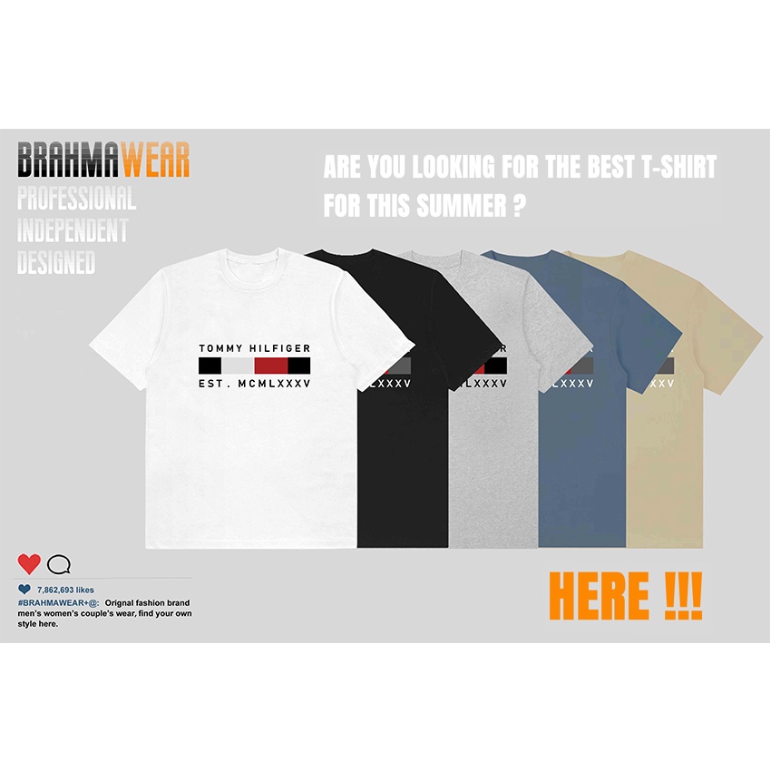 【BRAHMA】 Áo phông thường, in TOMMY, Áo thun nam đơn giản cơ bản dành cho nam chất lượng cao Cotton tinh khiết