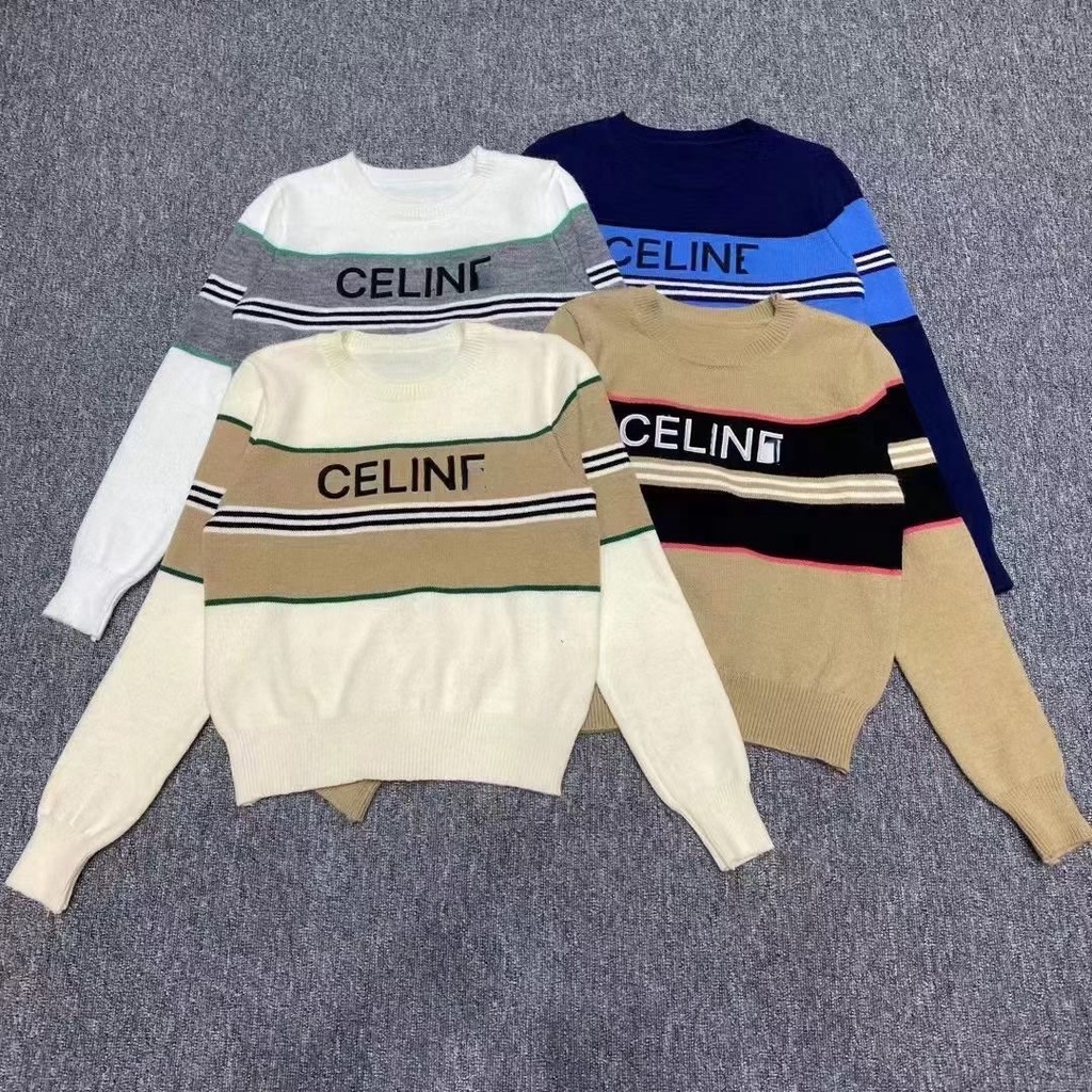 Áo Sweater Dệt Kim Chui Đầu Cổ Tròn Họa Tiết Kẻ Sọc Phối Màu Sắc In Chữ Phong Cách Lười Hợp Thời Trang