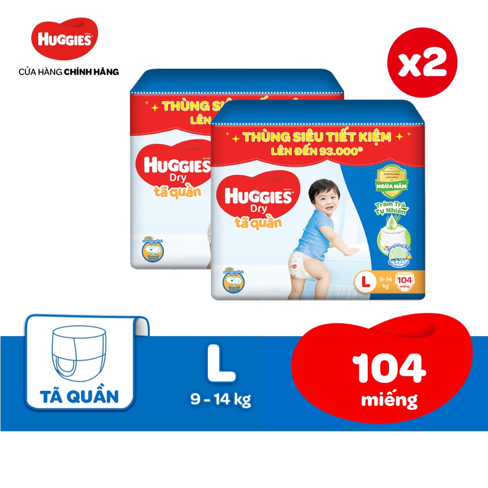 Combo 2 Thùng Tã quần Huggies Tràm Trà Tự Nhiên Dry Pants Mega Jumbo L104