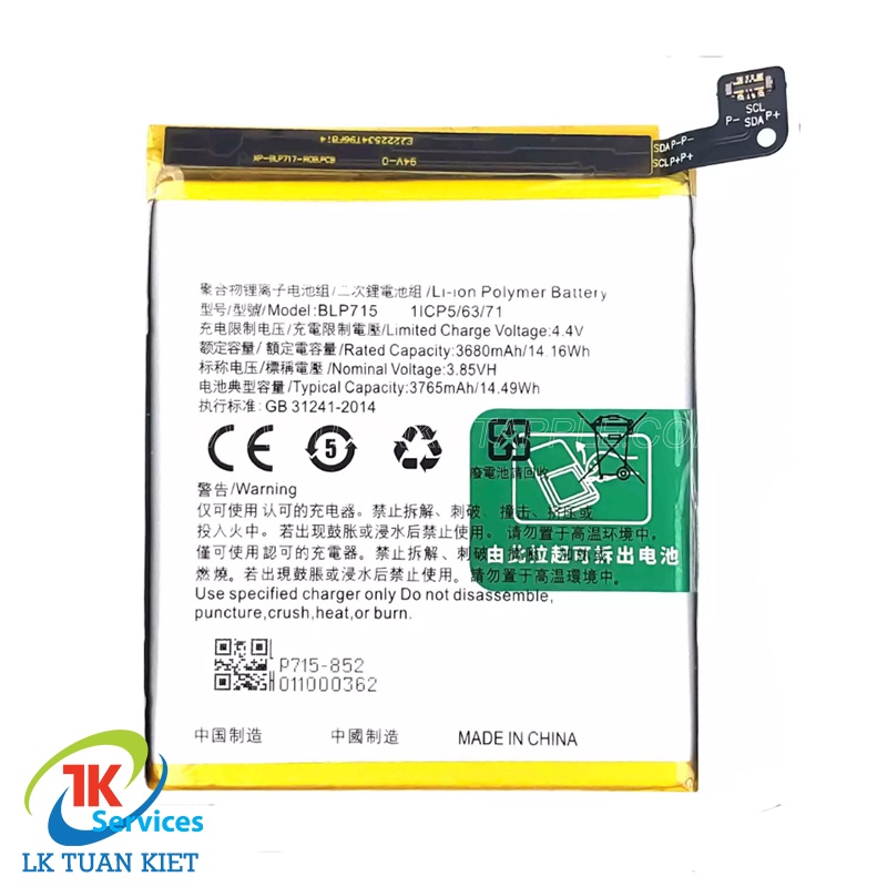 Pin Oppo BLP715 - Oppo K3 / Reno 2Z (3765mAh). Dung lượng chuẩn bảo hành 1 đổi 1