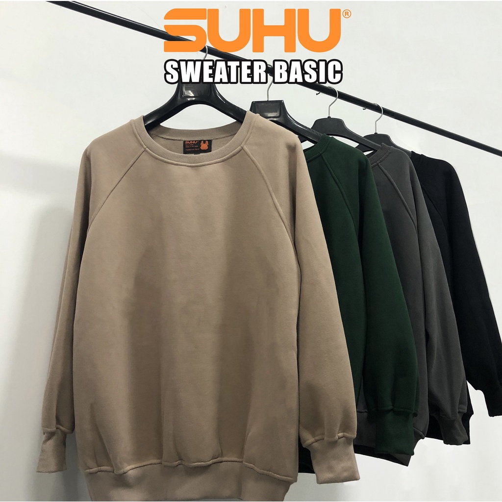 Áo Sweater Local Brand Unisex SUHU Premium Basic trơn nỉ bông cotton dày dặn (Cổ rộng) tay bo Oversize / AS0