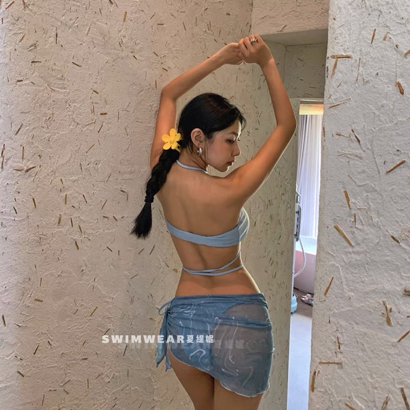 (M89-LiLyBikini) BIKINI 3 MẢNH ÁO + QUẦN+ KHĂN XANH DA TRỜI VINTAGE