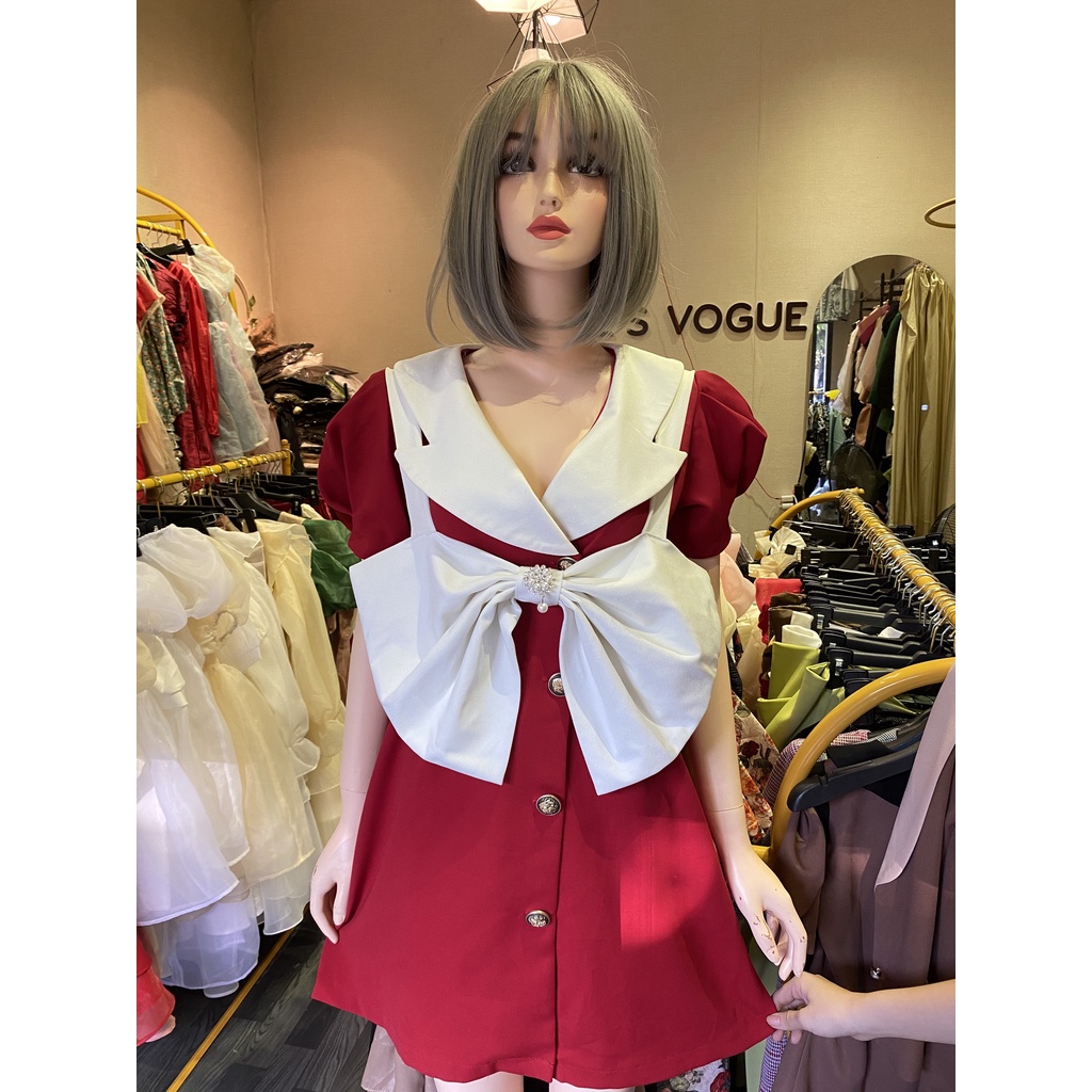Váy đầm dáng xòe nơ to cổ vest thanh lịch công sở độc lạ hotgirl
