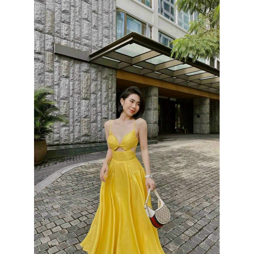 [11.11 Sale Freeship] Đầm thời trang đi biển mùa hè,đầm hai dây có cúp khoét hai bên eo chất lụa xếp ly dáng xoè dài mtb