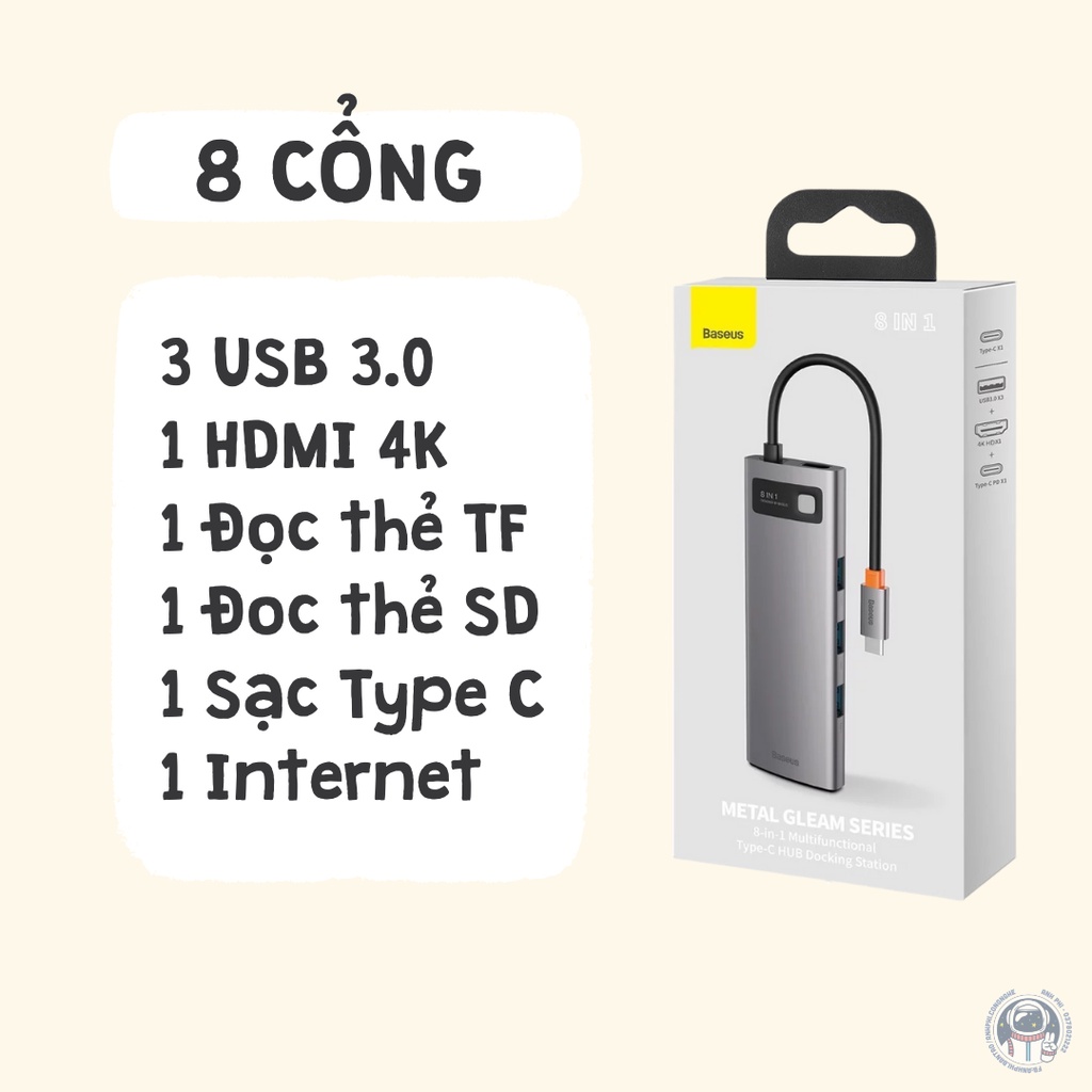 Cáp Chuyển Đổi Chia Hub Baseus USB 3.0 Type C Sang HDMI 4in1 8in1 Cho Pro Air