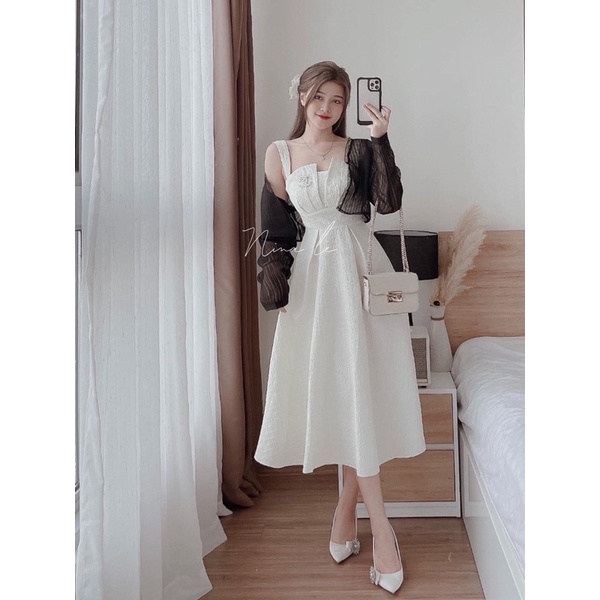 Bộ đầm gấm kèm khoác tơ đen shop nina le