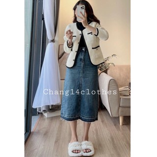 Chân váy jeans tua gấu